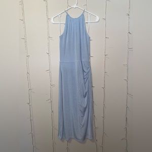 Wayf Formal Halter Midi Dress Form Fitting Shiny Baby Blue w Cinch, Size Small
